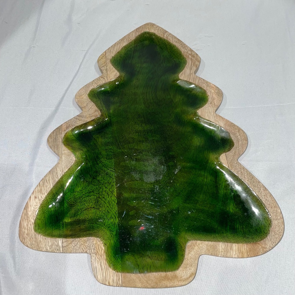 Tabletops Unlimited Oh Christmas Tree Wood Serving Tray Green Enamel Platter
